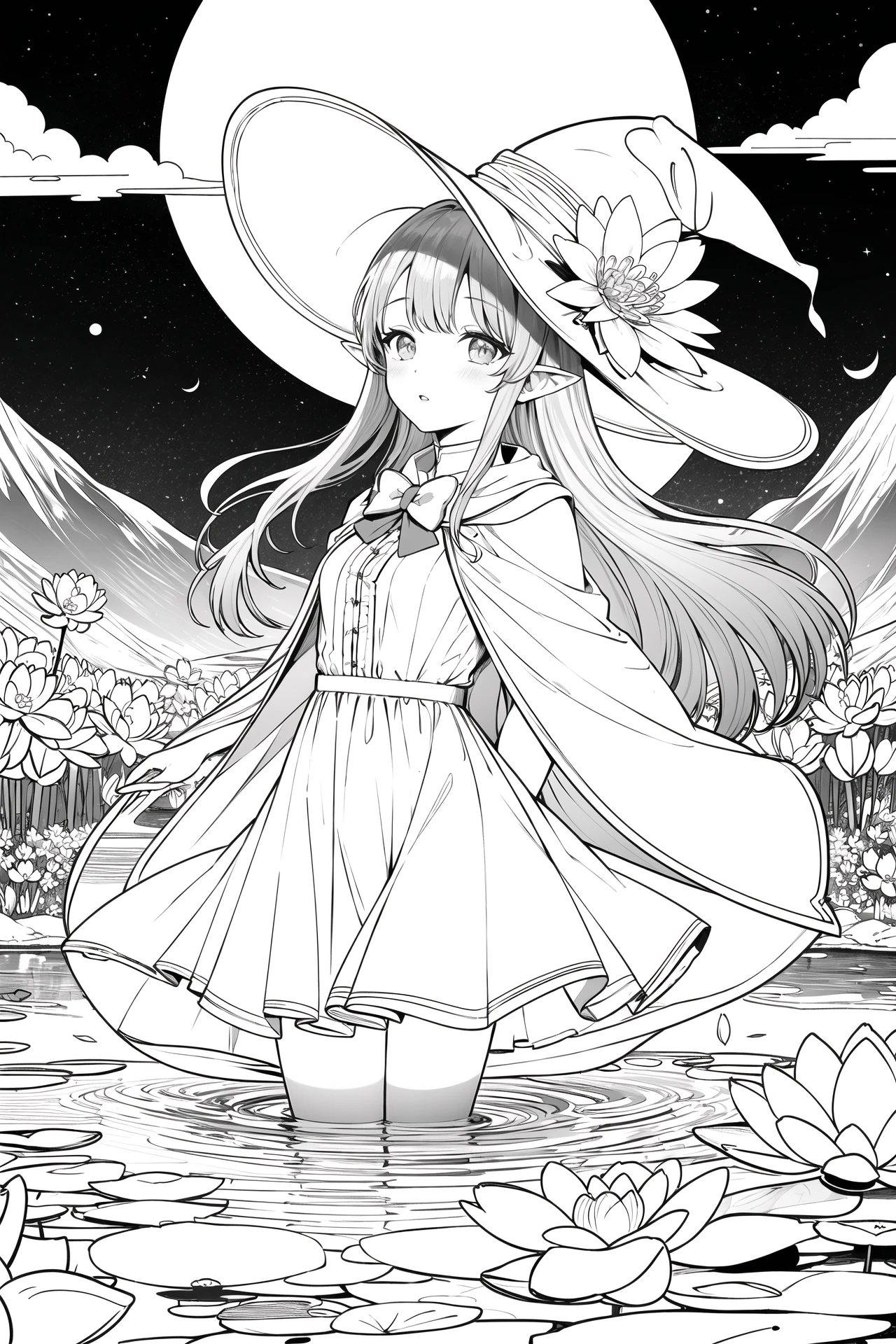 masterpiece, best quality,1girl, adjusting clothes, adjusting headwear, blush, bow, bowtie, breasts, brown eyes, brown hair, cloak, cloud, cloudy sky, crescent moon, dress, fantasy, flower, glowing, glowing flower, hat, light particles, lily pad, long hair, looking at viewer, moon, moonlight, mountain, mountainous horizon, night, outdoors, parted lips, pointy ears, pond, sky, small breasts, star (sky), starry sky, very long hair, wading, water lily flower, wind, witch, witch hat, lineart, monochrome, <lora:animeoutlineV4_16:1>