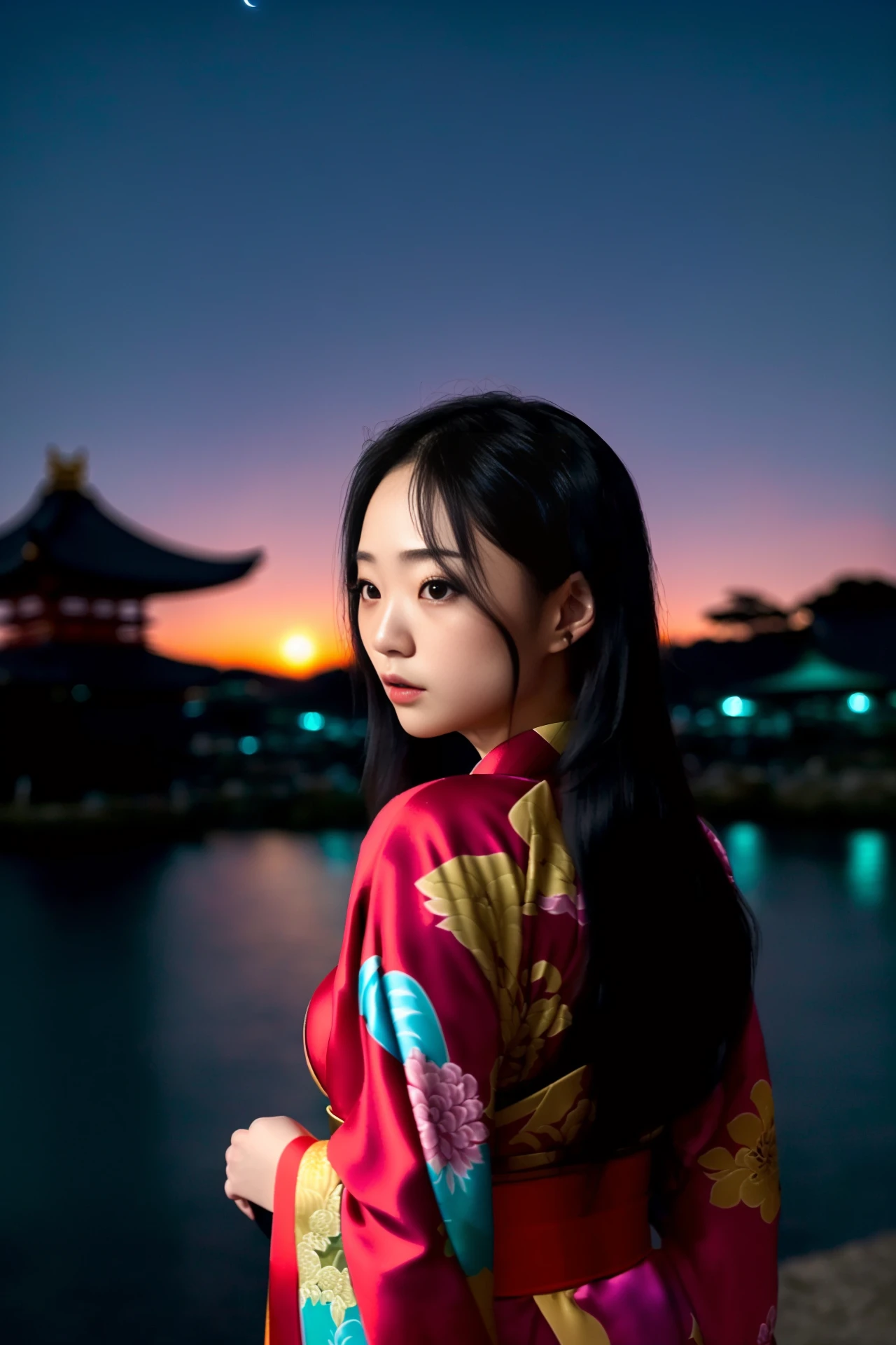 A professional (((far away landscape))) very dark under expose photo of  water, sunset,(temple in the background),Japanese cute sexy girl wearing ((red kimono)), (PureErosFace_V1),detailed cleavage, far away,masterpiece, best quality, detailed,long hair, black hair, far away(((extremely extra large world's largest DDDD breast))),(vivid colors),far away,((midnight)),far away,((late night)),far away(late at night,night-time,far away ,after dark),<lora:theovercomer8sContrastFix_sd15:0.5>,to8contrast style