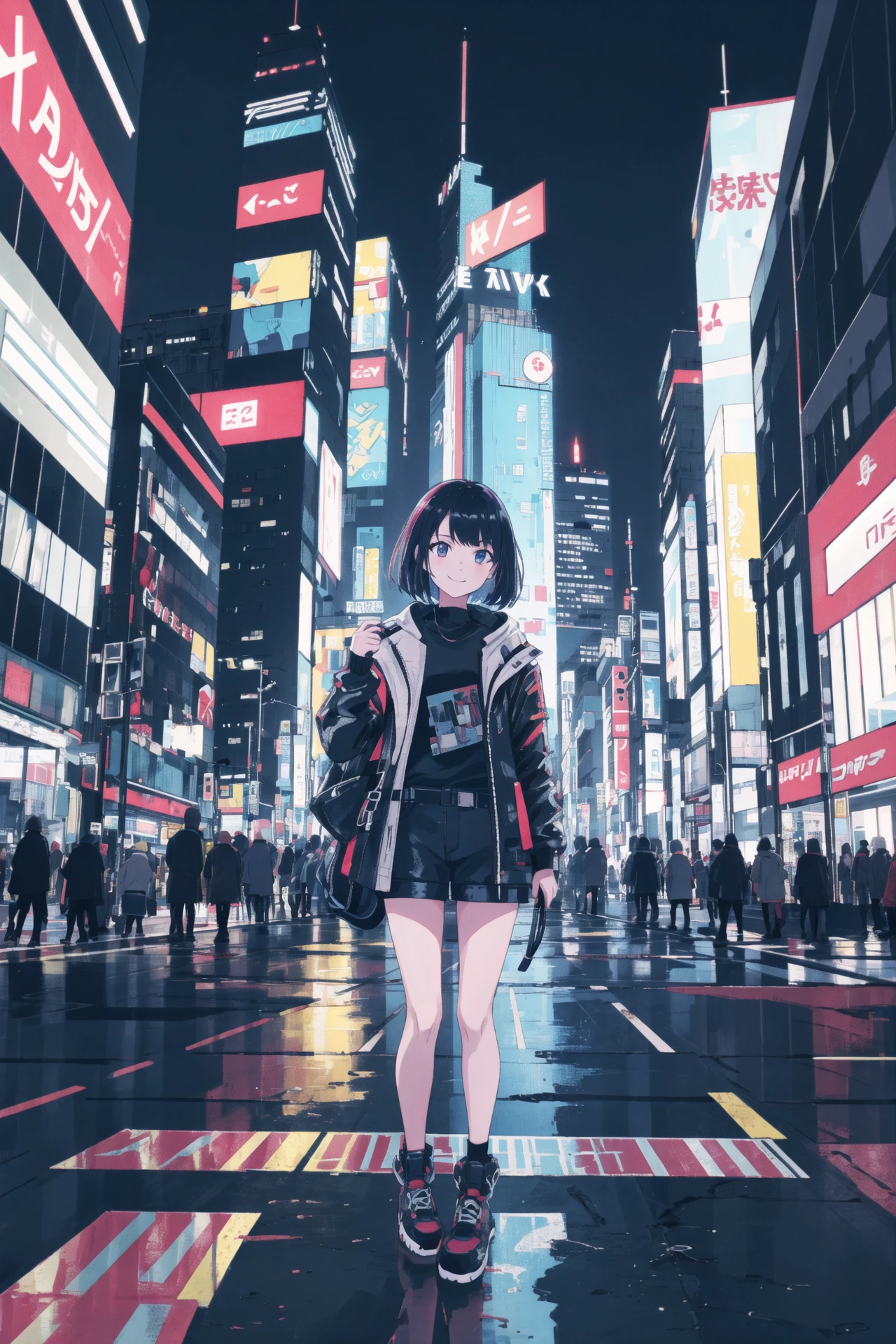 masterpiece, best quality, 1girl, solo, night, colorful, cityscape, cyberpunk, light smile