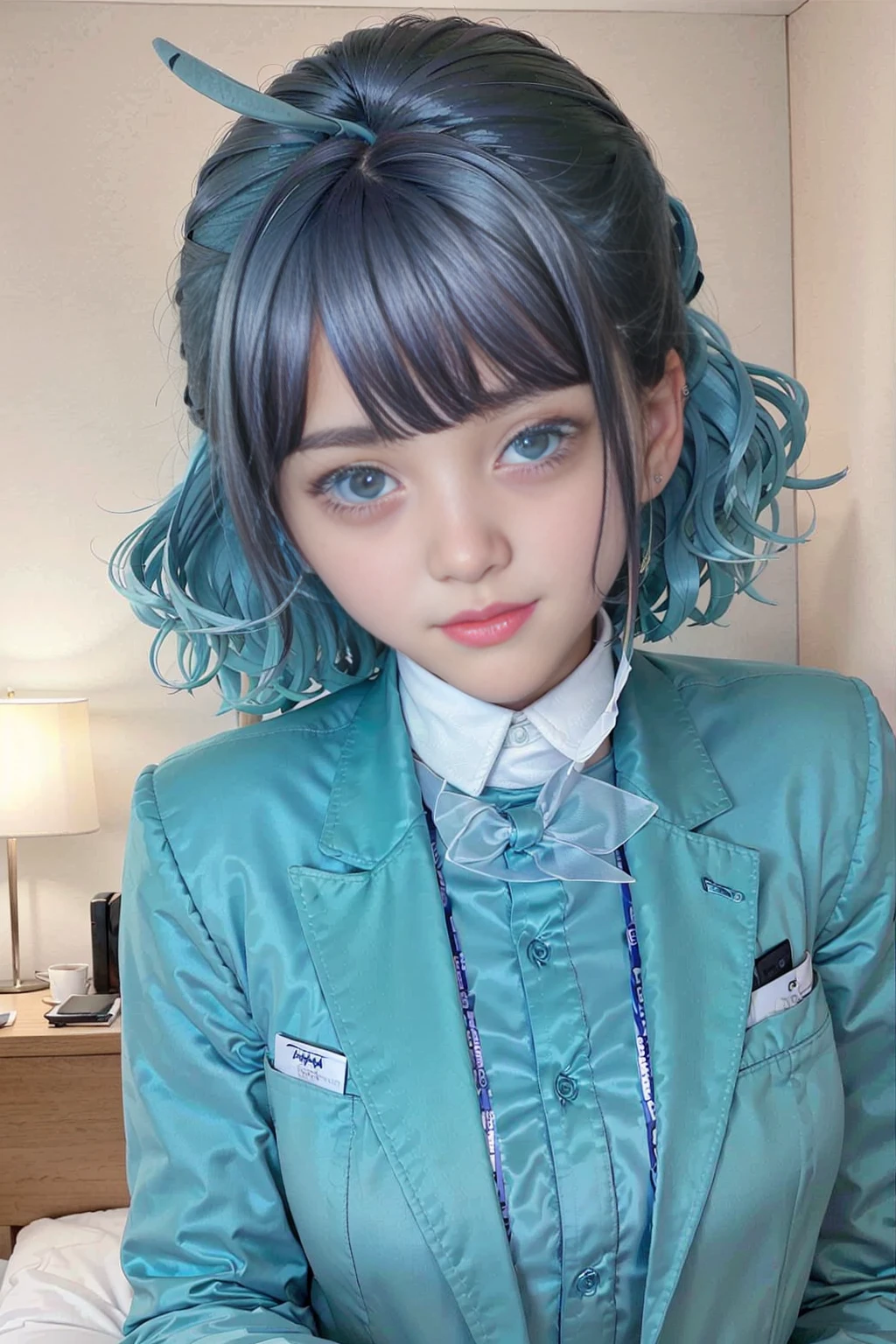 Portraits, Beautiful light, soft light, cinematic light, perfect eyes, (looking at camera:1.0), a 25yo woman,swedish, blue hair, curly hair, blue_koreanair uniform_with blue suit, <lora:KoreanAir Uniform:1>,