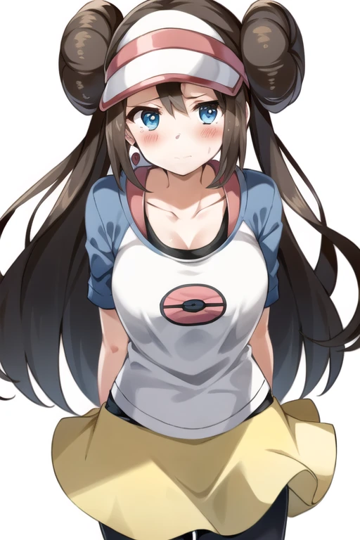 rosa(pokemon), 1girl, solo, pantyhose, double bun, hair bun, visor cap, brown hair, blush, blue eyes, long hair, breasts, white background,full body, yellow skirt, looking at viewer, collarbone, legwear under skirt, arm behind back, short skirt, bangs, cowboy shot, poke ball print,