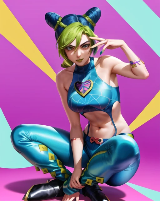 anime art, 1girl, jolynejojo, fullbody, digital art, masterpiece, green and blue hair, crop top <lora:jolynejojo-000004:1.1> <lora:sakimiChanLora_v10:0.4> sakistyle