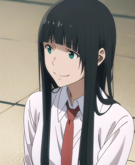 kowata makoto,(anime art:1.1),1girl, solo, long hair, black hair, green eyes,red necktie, shirt, bangs, blunt bangs, white shirt, red necktie, smile, hime cut, upper body, shaded face