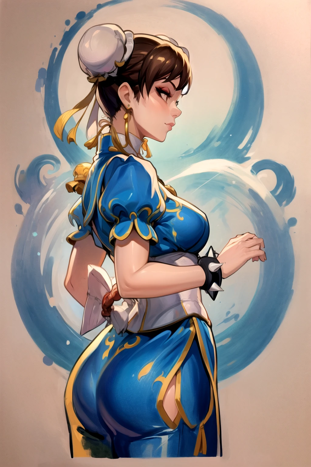 masterpiece, best quality, profile of 1girl, chun-li, solo, view from far, brown hair, earrings, double hair bun, bun cover, blue chinese clothes, short sleeves , puffy short sleeves, brown eyes, breasts, eyeshadow, makeup, closed mouth, sash, medium breasts, bracelet, spikes, short hair, traditional media, painting , long shot <lora:ReiqArtV2:1>