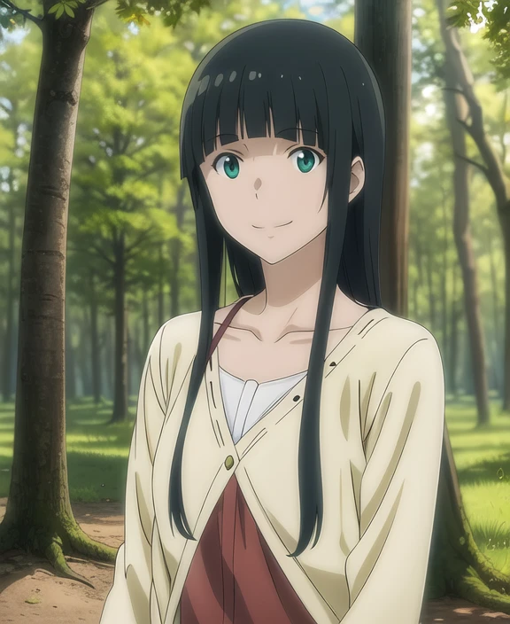 masterpiece,best quality,
kowata makoto,(anime art:1.1),1girl, solo, green eyes, black hair, long hair, tree, nature, forest, collarbone, smile, bangs, outdoors, upper body, looking to the side, blunt bangs, anime coloring,smile,