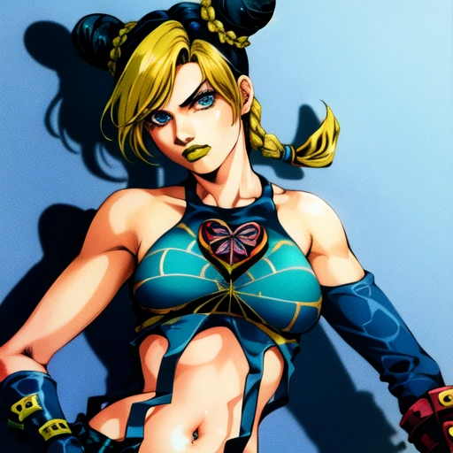 magazine cover, jojo, manga, perfect lighting, dark, 4k, beautiful detail, high quality rendering, bustshot, scene,<lora:jolynejojo-000004:1.1> cartoon, ((solo)) ((blue eyes, bright eyes)), 19 years old, adult, perfect face, crop top, pants, blue clothing, anime art, 1girl, jolynejojo, halfbody, art, masterpiece, green and blue hair, braided_low ponytail , yellow lipstick, arakistyle, <lora:arakistyle:0.6>