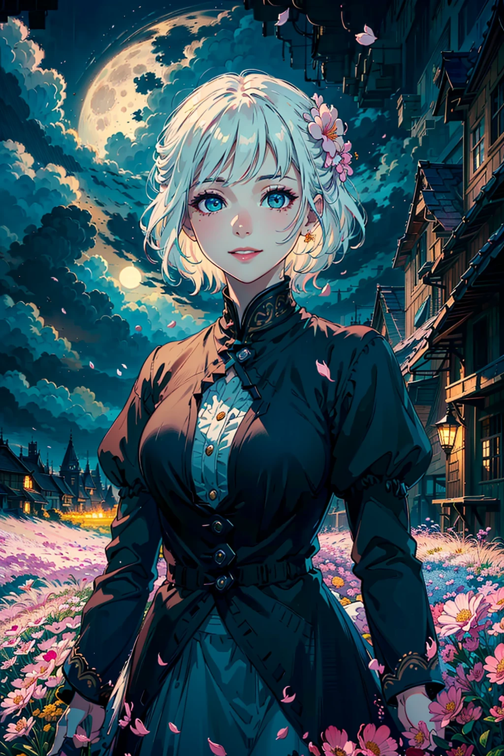 masterpiece, best quality,
1girl, (colorful),(finely detailed beautiful eyes and detailed face),cinematic lighting,bust shot,extremely detailed CG unity 8k wallpaper,white hair,solo,smile,intricate skirt,((flying petal)),(Flowery meadow)
sky, cloudy_sky, building, moonlight, moon, night, dark theme, light, fantasy,