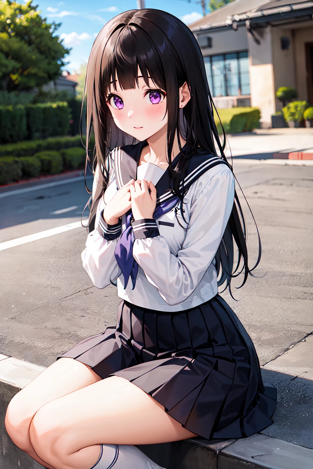 1girl, chitanda eru, long hair, black hair, school uniform, purple eyes, white shirt, white socks, pleated skirt, bangs, black sailor collar, neckerchief, black skirt, long sleeves, <lora:chitanda_eru_v10:0.6>, outdoors, hand on own chest, embarrassed,