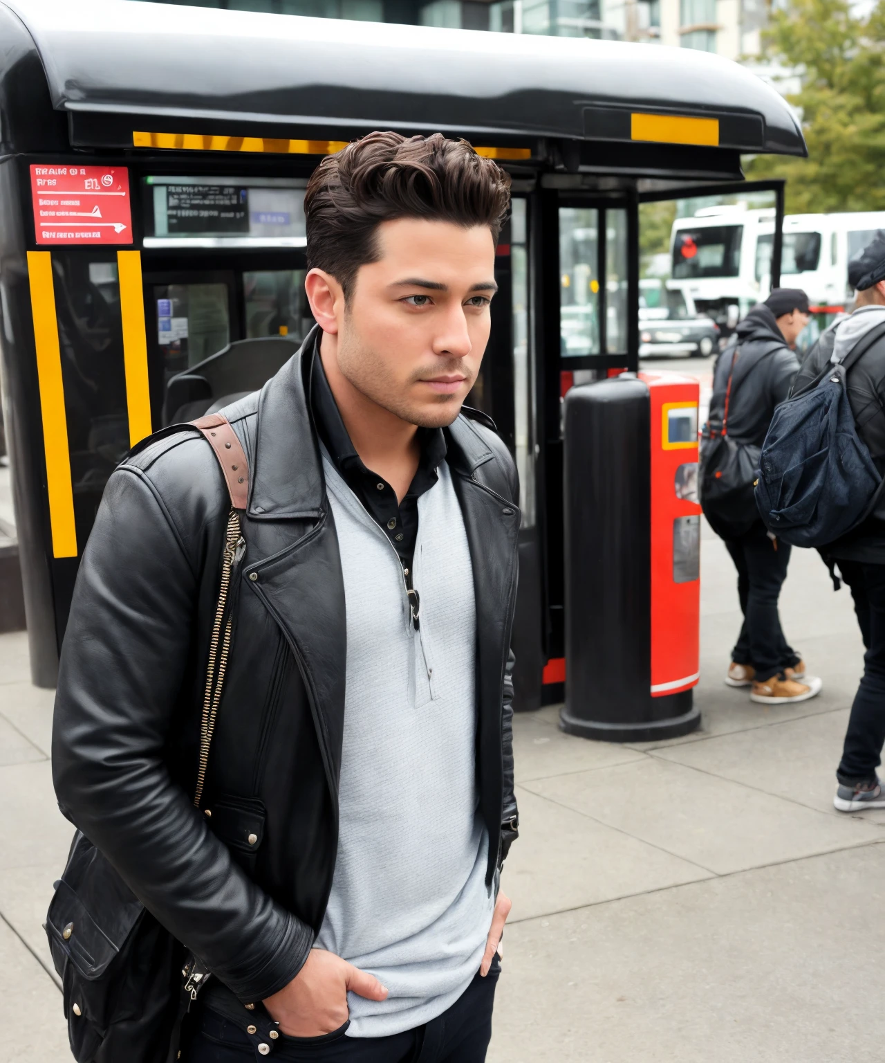paparazzi magazine feature photo, a male celebrity waiting for a bus in portland