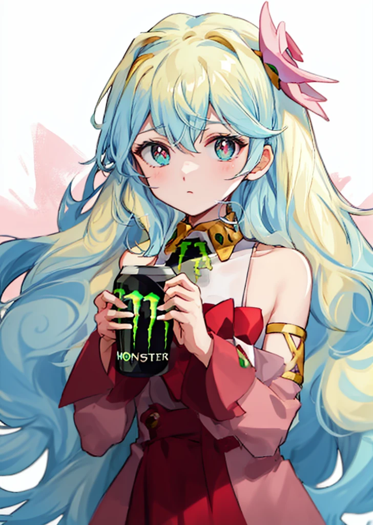 aqua eyes, blonde hair, long hair, multicolored hair, nia teppelin, pink dress, two-tone hair, cross-shaped pupils, symbol-shaped pupils, <lora:my_LoRA_niaTeppelin_v1:0.7>
(holding monster energy:1.2), monster energy, focus monster energy, <lora:my_LoRA_monsterEenergy_v2:0.5>