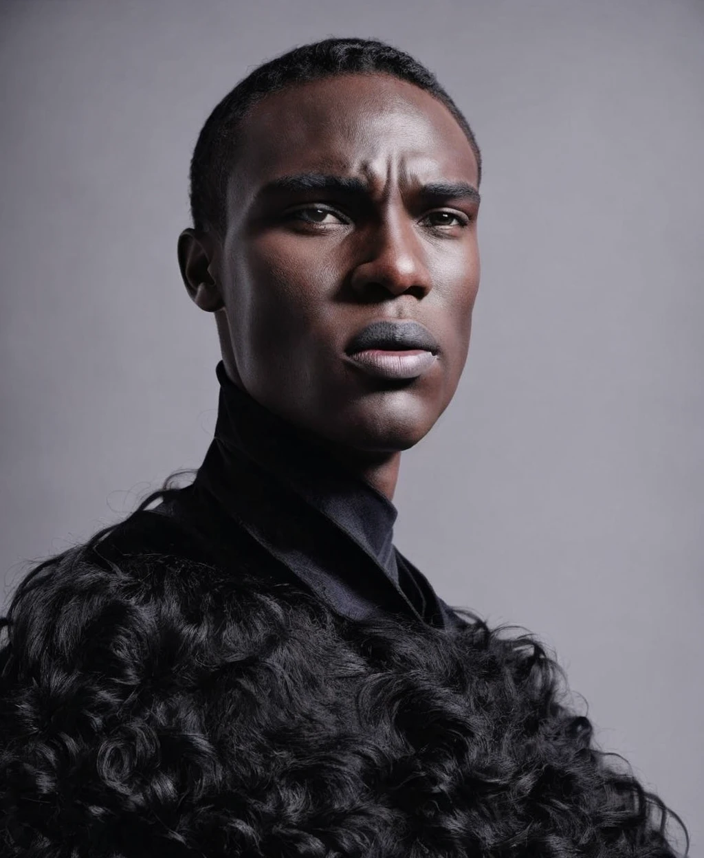 photo of black man, blue hair, grey eyes, black cape, fantasy background, beautiful, masterpiece, best quality, <lora:hipoly3DModelLora:0.1> <lora:samdoesartsSamYang_offsetRightFilesize:0.8> <lora:PrettyBoy:0.8> sam yang, Pretty Boy