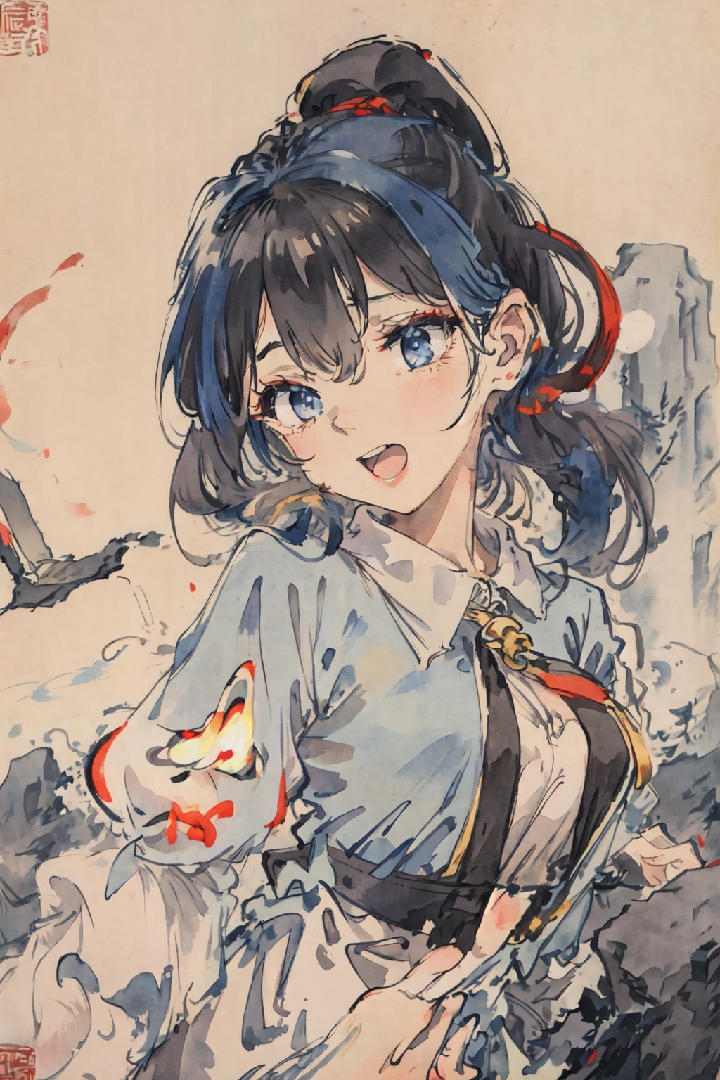 masterpiece, best quality, absurdres, cinematic lighting, (upper body, close up), 1girl, solo, light blue hair, multicolored hair, medium breasts, arm up, black jacket, open jacket, collared shirt, open mouth, laughing, light particles, lightning, electricity, thunder