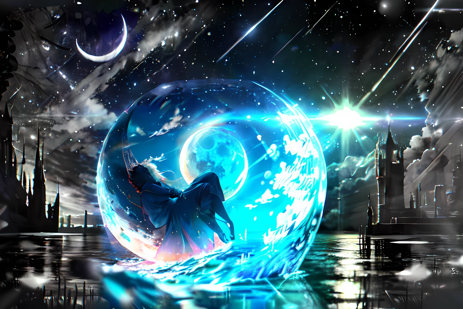 masterpiece, best quality, <lora:DW:1>,halftone,cloud, light_particles, space, sky,water,no humans,night,moon,cloudy sky,depth of field,