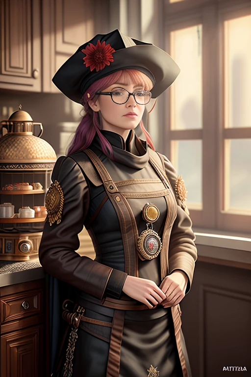 (Professional 3D rendering:1.3) of (steampunkgranny:1.0) style, upper body close-up portrait of 1girl chefk1ki, female focus, chef hat, an apron, lipstick, makeup, looking at the viewer, solo,red skin, red hair, talking, parted lips, glasses, feathers, hat, simple black background, realistic, surreal, steampunk,CGSociety,ArtStation