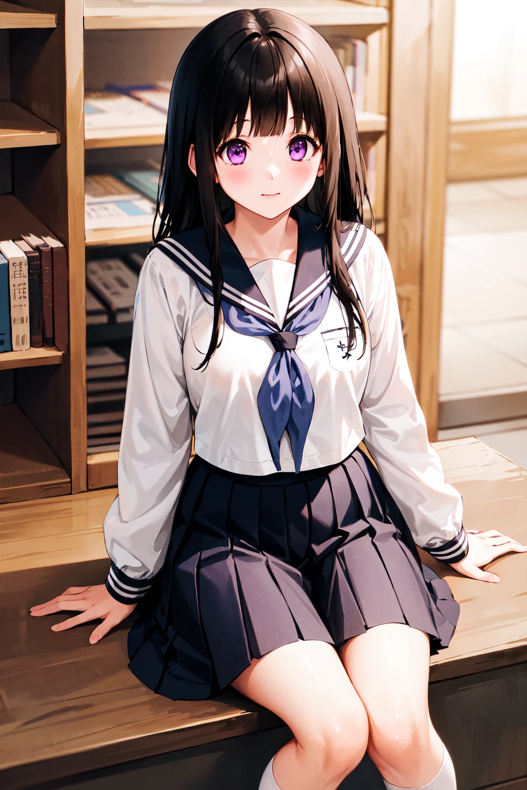 1girl, chitanda eru, long hair, black hair, school uniform, purple eyes, white shirt, white socks, pleated skirt, bangs, black sailor collar, neckerchief, black skirt, long sleeves, <lora:chitanda_eru_v10:0.6>, library, sitting,