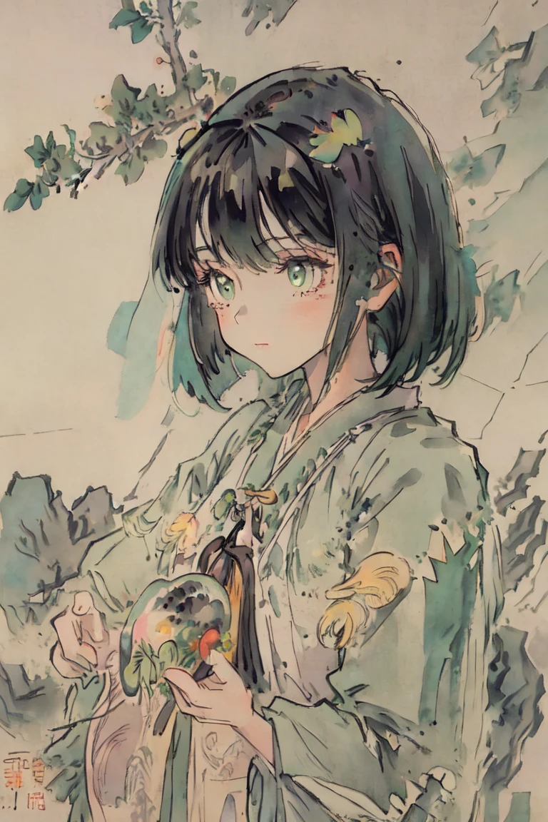 ((photorealistic:1.4)), finely detail, full-body shot, detailed full body features, ((1 girl)), ((solo)), ((extremely detailed face)), chinese girl, ((short straight hair)), ((black hair, bangs)), ((green hair)), perfect lighting, masterpiece, best quality, ultra-detailed, kawaii, chest, long hanfu, light, color, texture, detail, beauty, wonder, colorful