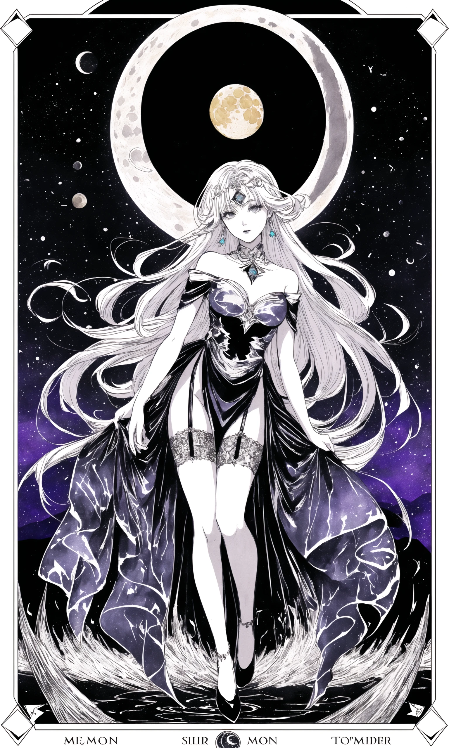 (fault color:1.25),[(white background:1.4)::10], (full body:1.2),(ultra-detailed:1.3),(tarot:1.5),(the moon (tarot):1.6), (paper:1.2),(moon lady:1.6), (sharp color), (full moon:1.2),full body, standing in the checkerboard,(cool:1.2),(fluttered golden long hair),(gem hair ornaments),(sliver hair ornaments:1.0),(colorful elegant long dress:1.0)+(fluttered colorful fabric and ribbon :1.2),(silk stockings:1.2), sliver particle around, (colorful lake:1.3), reflective, HDR, (chaotic geometric images:1.3),(negative space:0.9),(drawing board:1.4), (ether colorful ink flowing:1.3), (accessories:1.15), stunning elegant pose, (fisheye lens:0.9), fluttered clothing, medium breast, messy clothes, (nsfw:0.9), (cosmos:1)