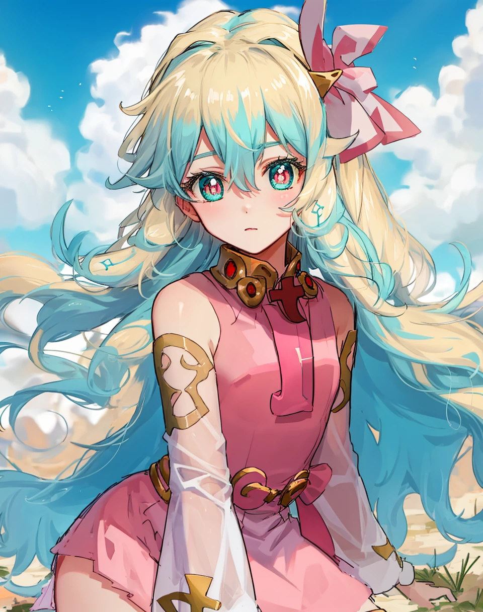 beautiful, aqua eyes, blonde hair, long hair, multicolored hair, nia teppelin, pink dress, two-tone hair,  (cross-shaped pupils:1.3), (symbol-shaped pupils:1.3),  <lora:my_LoRA_niaTeppelin_v1:0.7>