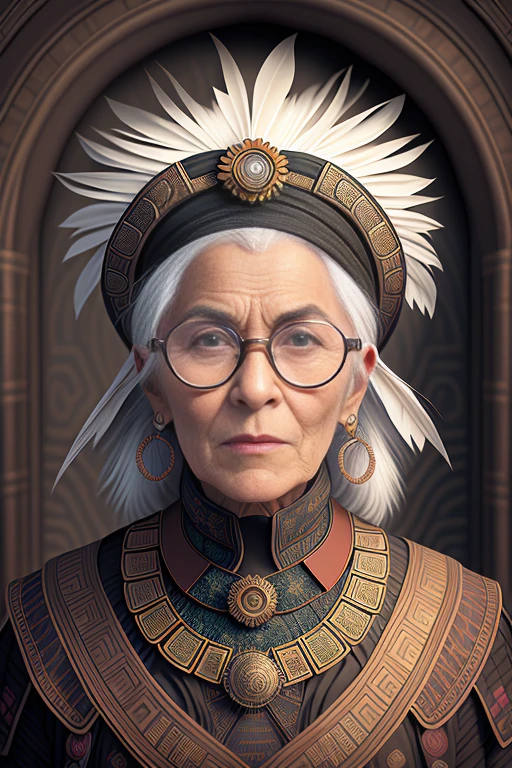 (Drawing:1.3) of (steampunkgranny:1.0) style, upper body close-up portrait of an old man, 1boy, male focus, looking at the viewer, solo,dark skin, white hair, talking, parted lips, glasses, feathers, hat, simple black background, realistic, surreal, steampunk