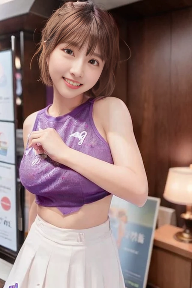 taiwanese, 1women, 28yo, (((woman))), solo, realistic, best quality, photorealistic, masterpiece, 8k, high res, solo, extremely detailed face, (professional lighting, bokeh), (light particles, lens flare, glowing particles:0.6), (dynamic pose:1.2), soft lighting, top angle view, fashionable and trendy atmosphere, japan, street, park, ((daytime)), ((looking at the viewer)), (looking at the camera),(portrait:0.6), gorgeous, standing, keep original facial proportion, wide shoulder, full body, (medium breast), (short hair), brown hair, floating hair, lips, lipstick, skin blemish, seductive smile, floating hair, smile, sportwear, skirt, <lora:Qunqun_V2:1>