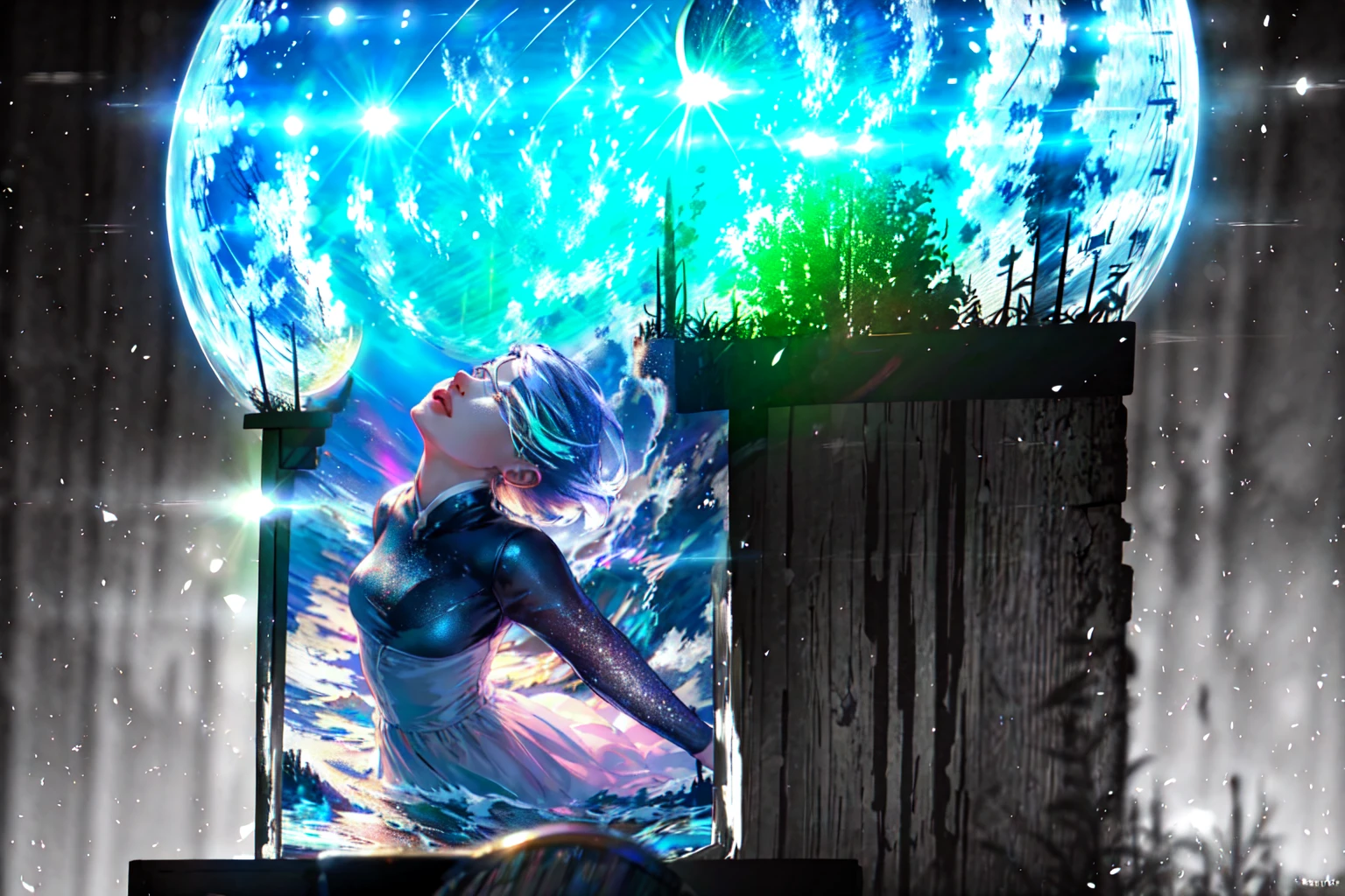 masterpiece, best quality,  <lora:DW:1>,halftone,cloud, light_particles,   space,  sky,water,no humans,night,moon,cloudy sky,depth of field,