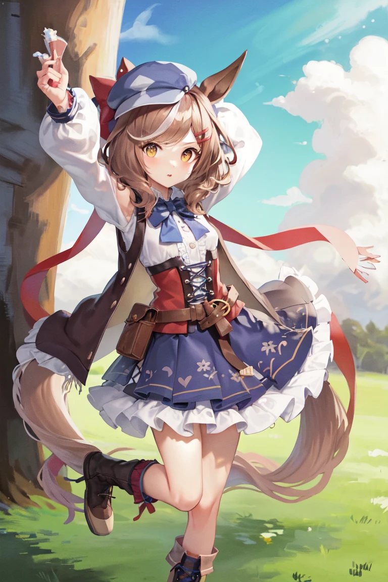 masterpiece, best quality,
matikanetannhauser \(umamusume\),
wide shot, arm up, full body, standing, looking at viewer,
cabbie hat, blue headwear, blue bowtie, cape, white shirt, collared shirt, shoulder cutout, puffy long sleeves, center frills, corset, belt pouch, belt, blue skirt, frilled skirt, brown footwear, lace-up boots, knee boots, high heel boots,
<lora:matikanetannhauser_loha:0.7>