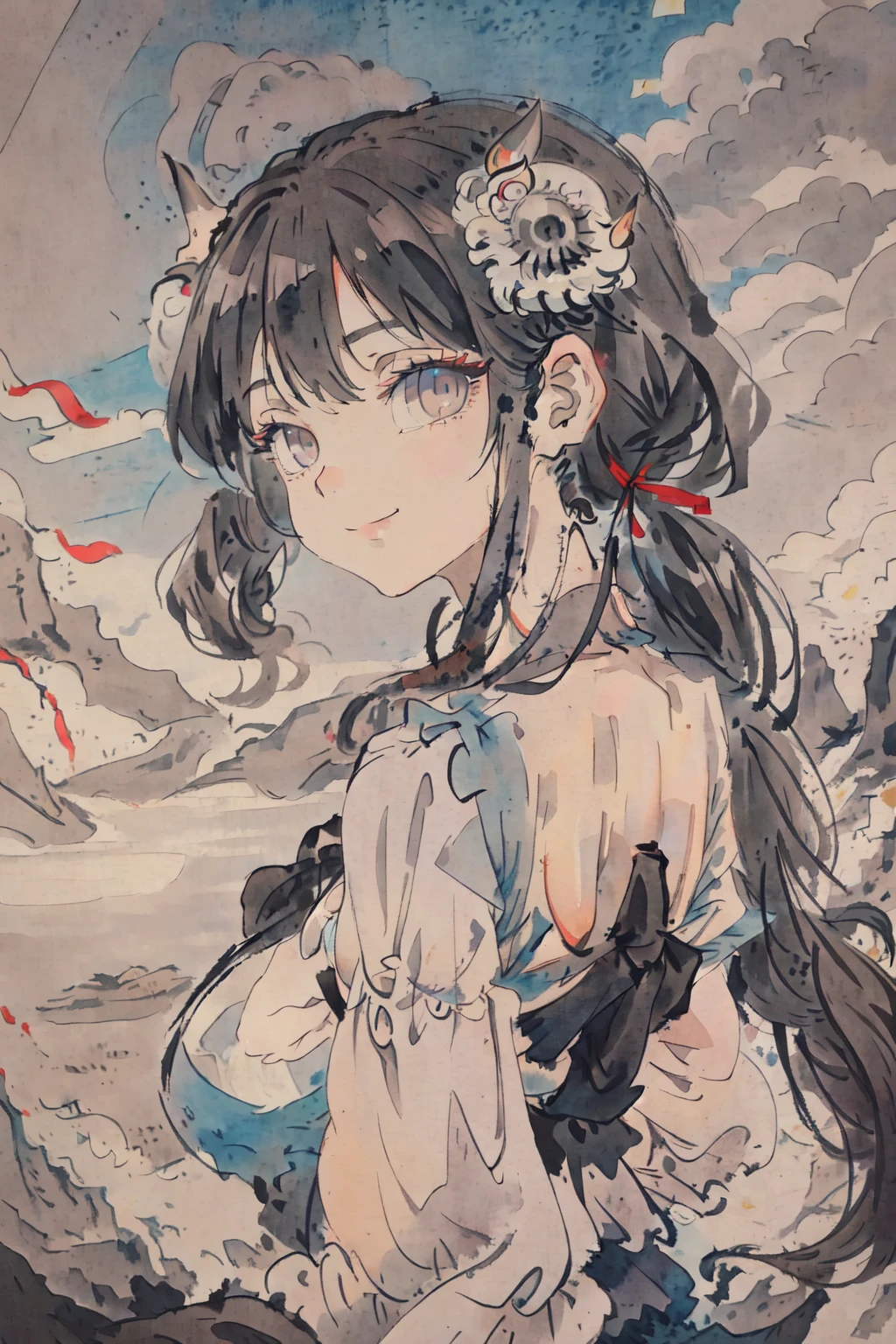 1girl,upper body,beautiful detailed eyes, medium_breasts, long hair,grey hair, grey eyes, curly hair, bangs, smug, twintails, beautiful detailed sky, beautiful detailed water, dramatic angle, ((back to the viewer)),(an extremely delicate and beautiful),school uniform,black ribbon,light smile, ((sfw)), horns
