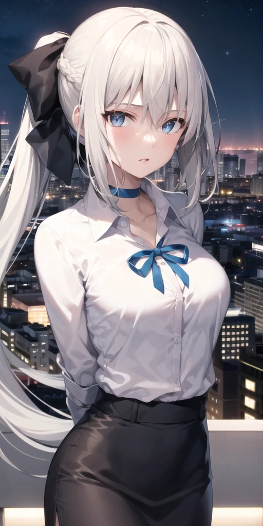 morgan\(fate\), 1girl, solo, shirt, bow, long sleeves, looking at viewer, hair bow, black bow, skirt, white shirt, black skirt,sidelocks,collared shirt, choker, neck ribbon, ribbon, blue choker, parted lips, dress shirt,office lady,arms behind back, night,roof,cityscape, neon lights, <lora:Morgan_v2:0.6>