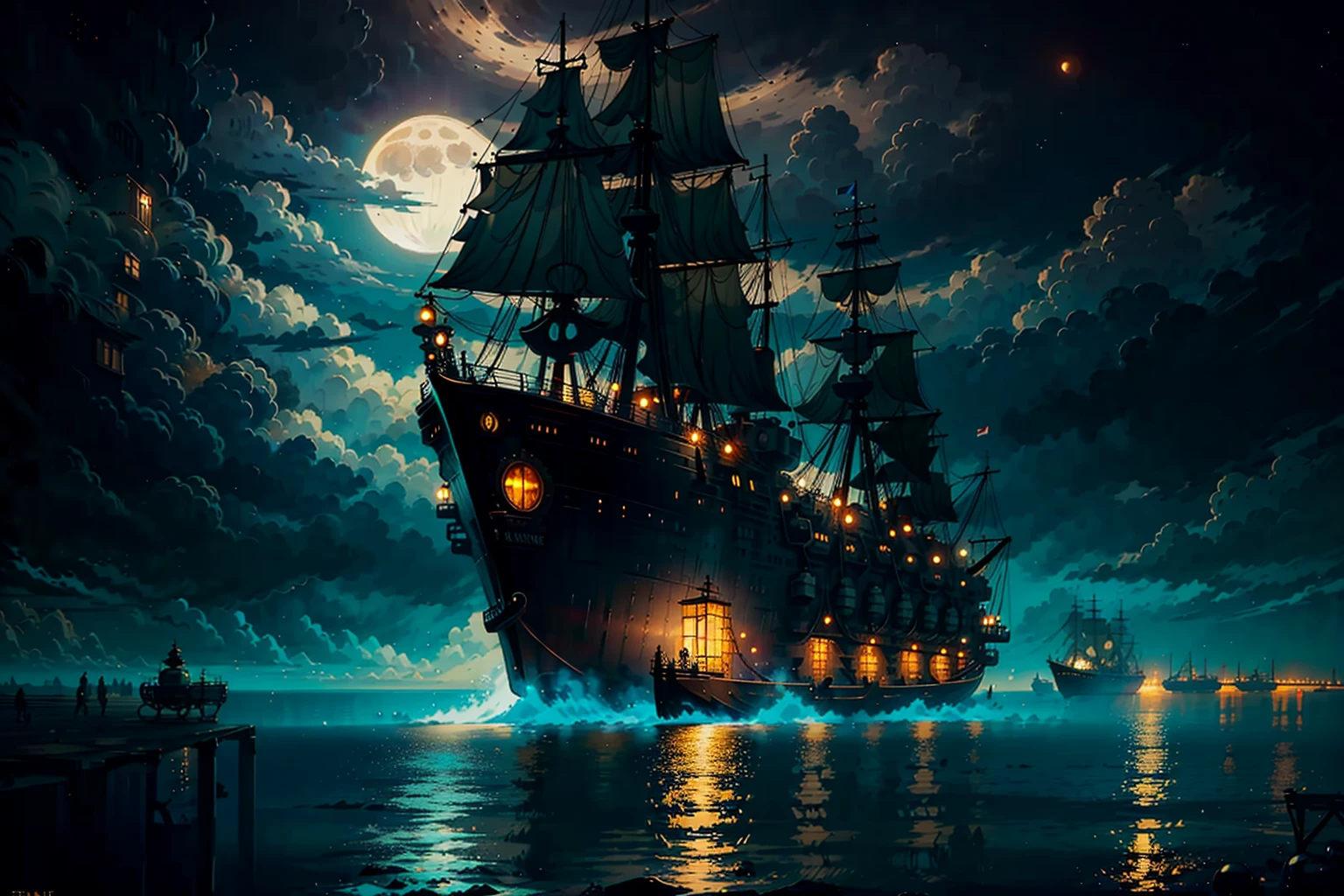 fantasy, light, magic, anime film <lora:steampunkai10MBLora_10mb:1>,steampunkai, giant ship,moon, moonlight, steam, cityscape, dark theme, ocean,sea,port,