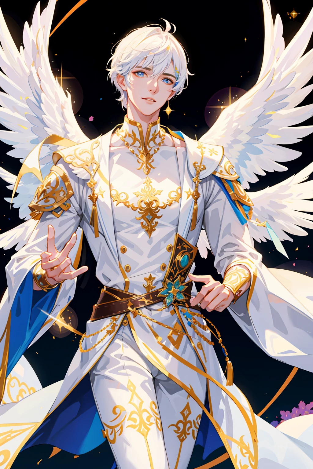 masterpiece, best quality, 1 male, adult, handsome, tall muscular guy, short hair, fantasy, complex pattern, detailed face, angel wings, lens flare, colorful, glow white particles, white robe, gold bracelets and accessories, prism, glowing, glitter, particles, bloom, likes to celebrate and have fun, enjoys nature, bright and optimistic outlook, creative and adventurous spirit, represents happiness and harmony