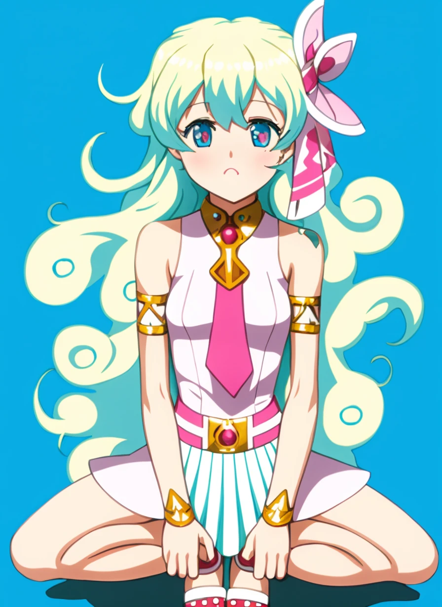 aqua eyes, blonde hair, long hair, multicolored hair, nia teppelin, pink dress, two-tone hair, cross-shaped pupils, symbol-shaped pupils, squatting, spread legs, armpits, steaming body, <lora:my_LoRA_niaTeppelin_v1:0.7>