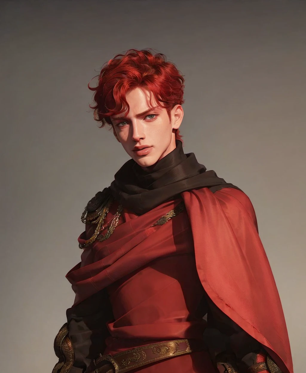 photo of Indian 30 y. o. man, red hair, grey eyes, black cape, fantasy background, beautiful, masterpiece, best quality, <lora:hipoly3DModelLora:0.1> <lora:samdoesartsSamYang_offsetRightFilesize:0.8> <lora:PrettyBoy:0.8> sam yang, Pretty Boy