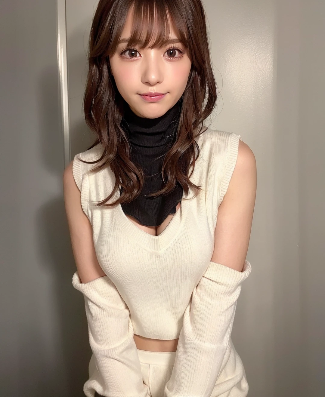 best quality, photorealistic, 8k, high res, 1girl, woman, (skindentation), (professional lighting), (portrait:0.6), (sleeveless turtleneck sweater:1.62), (wavy brown hair), gorgeous, ((black hair)), (short straight hair:1.4), (flowing hair:1.6), (1girl eyes looking at viewer:1.6), ((looking at viewer:1.6)), (looking at the camera), photorealistic, (bokeh), (portait:0.6), (dynamic pose:1.2), masterpiece, intricate, realistic, sharp focus, award-winning photograph, sfw, (parted lips:0.4), smile, <lora:CO-B2-EP3-kana:0.81>