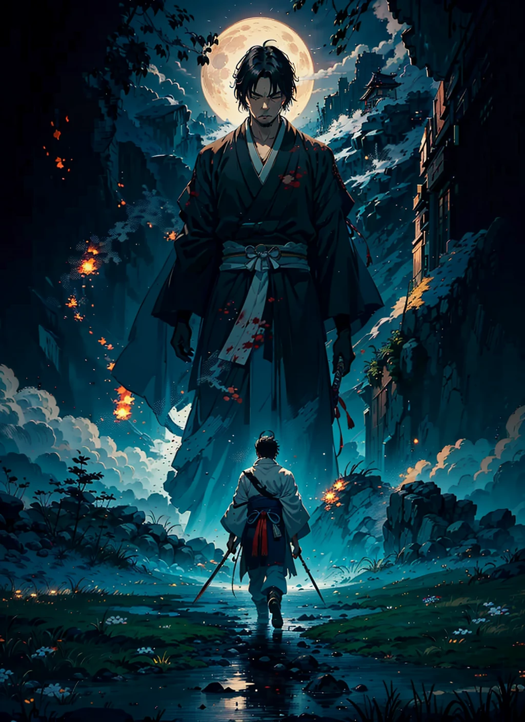 Isshin, the Sword Saint is a legendary warrior and the founder of the Ashina Clan. He is an old man with white hair and beard, wearing a blue kimono with black patterns and a white cloak. He carries a katana and a spear. He also has a gun hidden in his sleeve.
He awaits Sekiro in the great grass field where he first fought Genichiro Ashina, his grandson. The field is covered with blood and corpses of soldiers who died in the battle. The sky is dark and stormy, and lightning flashes occasionally. Isshin emerges from Genichiro’s body after he sacrifices himself to revive him using the Black Mortal Blade. He respects Sekiro as a worthy opponent and challenges him to a final duel for the fate of Ashina.
moon, dark theme, light, fantasy,