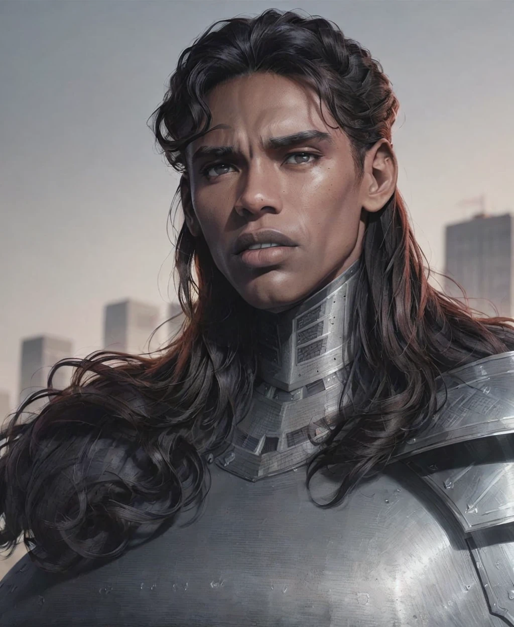 photo of black man, cityscape background , beautiful, masterpiece, best quality, brutal manface, wide heavy jaw, massive jaw, sharp features, long wide chin, thin masculine lips, gray eyes, shoulder pad armor, red hair , long haircut <lora:hipoly3DModelLora:0.1> <lora:samdoesartsSamYang_offsetRightFilesize:0.8> <lora:PrettyBoy:0.8> sam yang, Pretty Boy