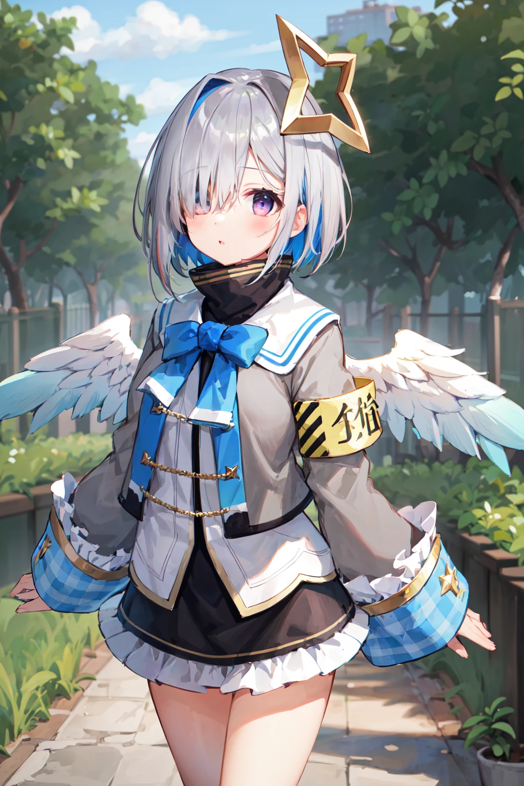 1girl, amane kanata, star halo, solo, halo, angel wings, multicolored hair, asymmetrical hair, single hair intake, purple eyes, armband, short hair, blue hair, grey hair, socks, long sleeves, grey jacket, bob cut, streaked hair, bangs, frills, wide sleeves, white wings, black skirt, hair over one eye, frilled skirt, blue socks, sleeves past wrists, turtleneck dress, miniskirt, blue wings, <lora:amane_kanata_v2:0.6>, cowboy shot, walking, garden,