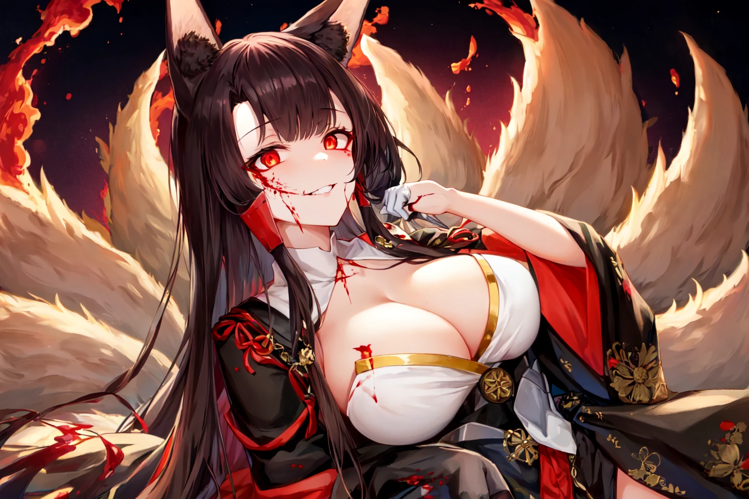 masterpiece, best quality, AkagiV4, azur lane, akagi (azur lane), 1girl, animal ears, black hair, black kimono, breasts, brown hair, brown tail, fox ears, fox girl, fox tail, gloves, japanese clothes, kimono, kitsune, large breasts, long hair, looking at viewer, multiple tails, ((red eyes)), smile, tail, glowing eyes, hands on own face, yandere, spider lily, sakuramon, ((blood swirl)), (yandere:1.4), (glowing eyes:1.4), <lora:AkagiV4-10:1>