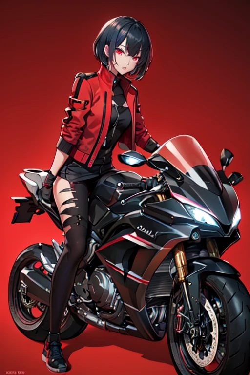 (masterpiece, sidelighting, finely detailed beautiful eyes: 1.2), 1girl, bangs, blurry, blurry background, blurry foreground, colored inner hair, depth of field, glowing, glowing eyes, hair between eyes, jacket, looking at viewer, parted lips, red eyes, short hair, solo, upper body, black gloves, black hair, black legwear, gloves, ground vehicle, holding, jacket, motor vehicle, motorcycle, official alternate costume, on motorcycle, open clothes, red background, shirt, shoes, solo, standing, <lora:Moto:0.6>, Masterpiece, best quality