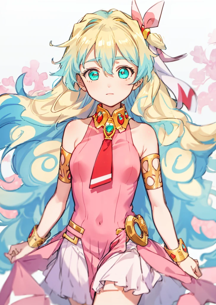 masterpiece, highest quality, best quality, <lora:kanabun nai:0.8>
aqua eyes, blonde hair, long hair, multicolored hair, nia teppelin, pink dress, two-tone hair, <lora:my_LoRA_niaTeppelin_v1:0.7>