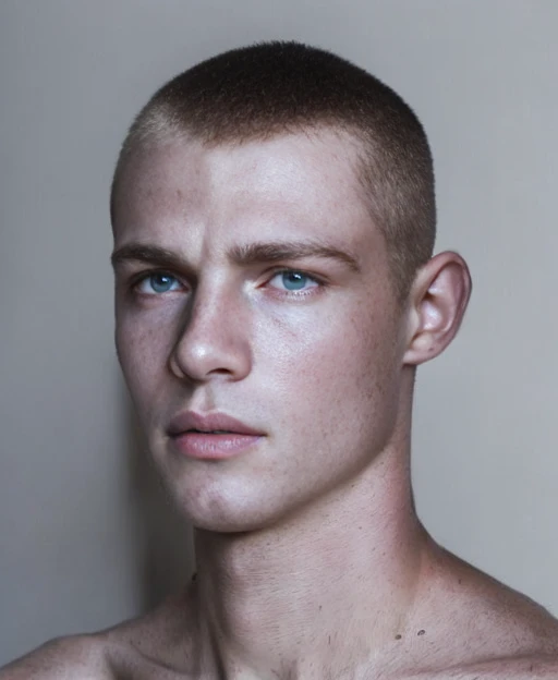 (8k, RAW photo, best quality, masterpiece:1.2), (realistic, photo-realistic:1.37), ultra-detailed, (high detailed skin:1.2), 8k uhd, dslr, soft lighting, high quality, film grain, Fujifilm XT3, professional lighting, 1man , masterpiece, best quality, blue eyes, red color hair, pale skin, grey eyes, shaved haircut <lora:PrettyBoy:1>