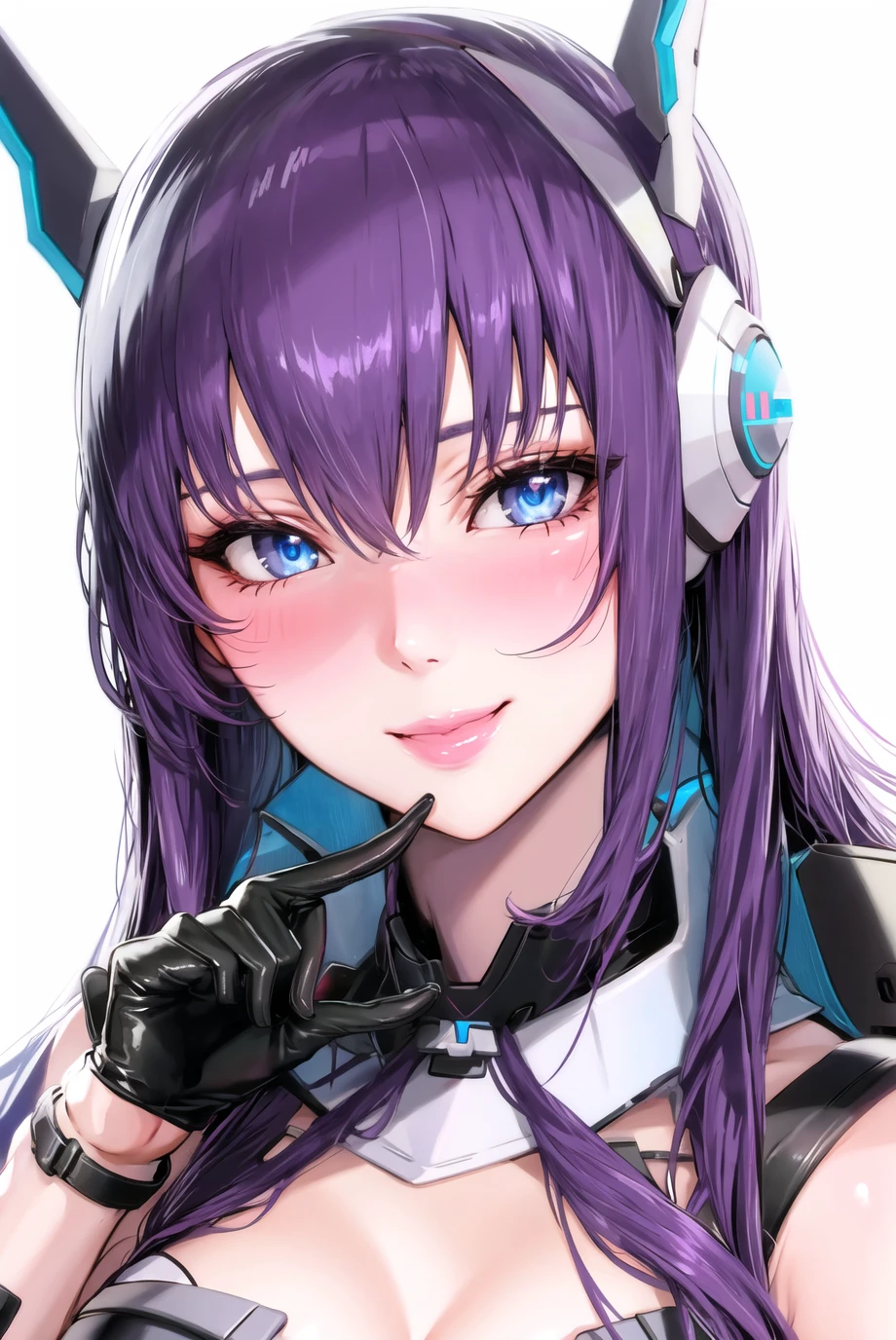 1girl, blue eyes, blush, gloves, headgear, heart, lips, long hair, looking at viewer, maidoll, purple hair, smile, solo, white background