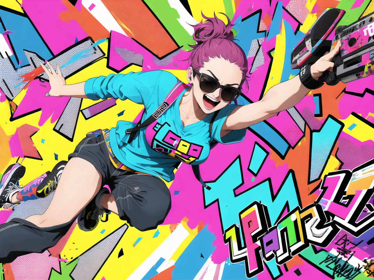 Female character, excitement, jumping, casual clothing, comfortable, messy bun, music festival, crowd, pop art, graffiti, digital, vibrant, energetic, free-spirited, sunglasses, backpack, confetti.