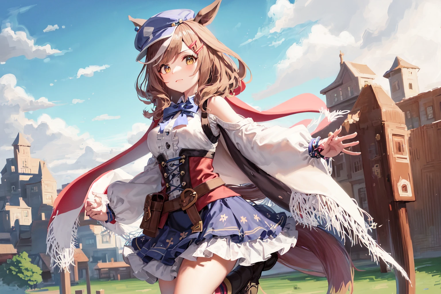 masterpiece, best quality,
matikanetannhauser \(umamusume\),
wide shot, castle,
cabbie hat, blue headwear, blue bowtie, cape, white shirt, collared shirt, shoulder cutout, puffy long sleeves, center frills, corset, belt pouch, belt, blue skirt, frilled skirt, brown footwear, lace-up boots, knee boots, high heel boots,
<lora:matikanetannhauser_loha:0.7>