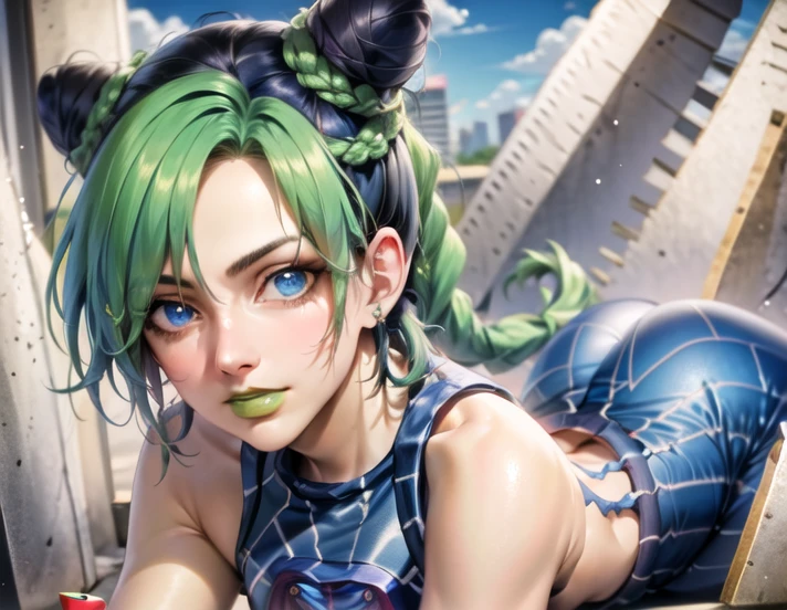 4k, beautiful detail, high quality rendering, fullbody, scene,<lora:jolynejojo-000004:1.1> cartoon, ((solo)) ((blue eyes, bright eyes)), 19 years old, perfect face, crop top, blue clothing, anime art, 1girl, jolynejojo, halfbody, digital art, masterpiece, green and blue hair, braided_low ponytail , yellow lipstick,anime screenshot, realistic city background, sky, clouds <lora:grullborgCopycat_grullborgStyleR8V4:1>