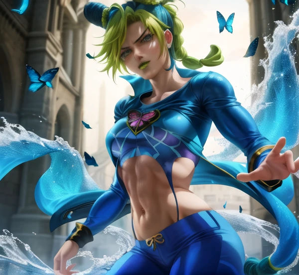 many butterflies, butterfly, outdoors, environment, dramatic lighting, dark, 4k, beautiful detail, high quality rendering, bustshot, scene,<lora:jolynejojo-000004:1.1> cartoon, ((solo)) ((blue eyes, bright eyes)), 19 years old, adult, perfect face, crop top, pants, blue clothing, anime art, 1girl, jolynejojo, halfbody, digital art, masterpiece, green and blue hair, braided_low ponytail , yellow lipstick <lora:sakimiChanLora_v10:1> sakimichan style