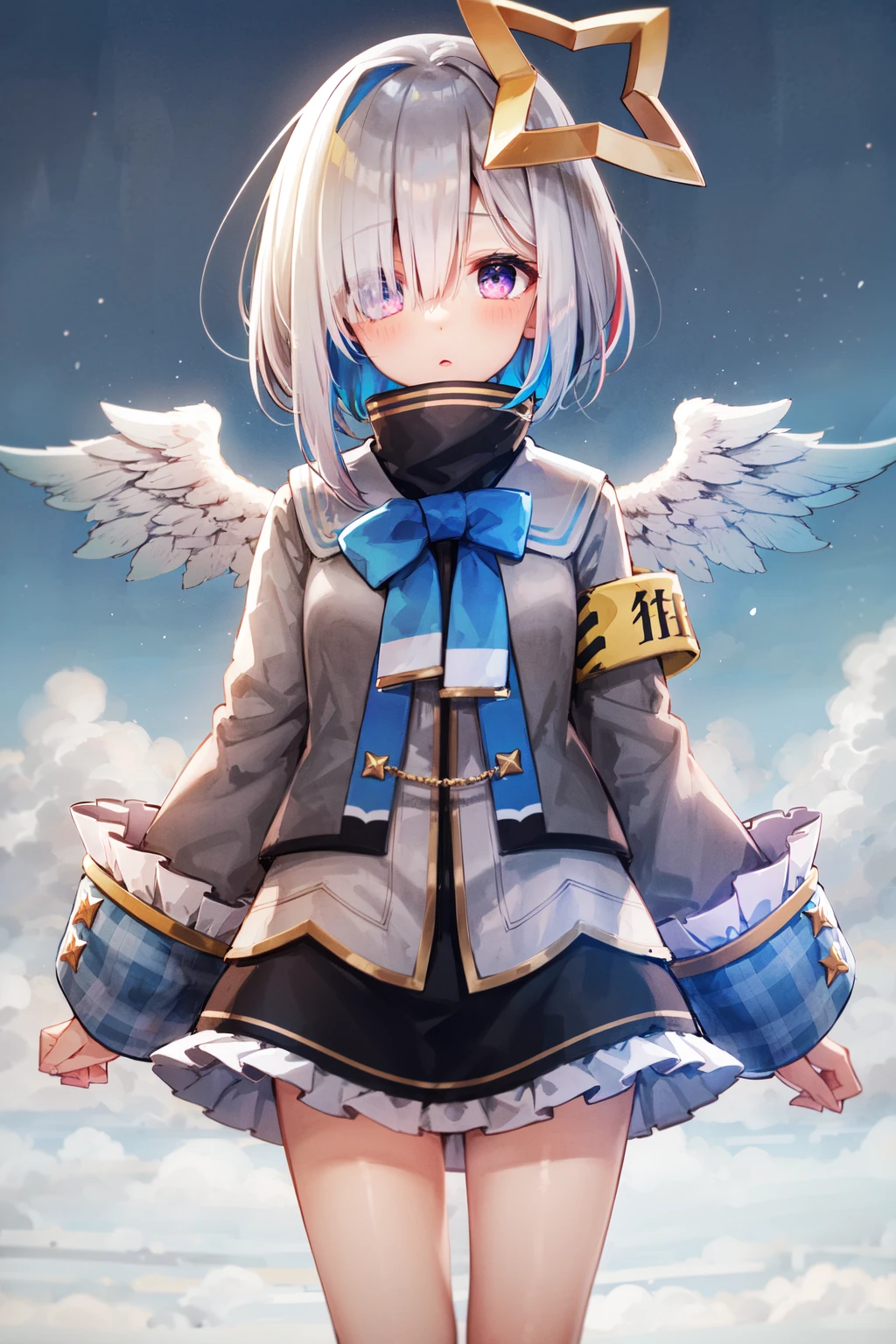 1girl, amane kanata, star halo, solo, halo, angel wings, multicolored hair, asymmetrical hair, single hair intake, purple eyes, armband, short hair, blue hair, grey hair, socks, long sleeves, grey jacket, bob cut, streaked hair, bangs, frills, wide sleeves, white wings, black skirt, hair over one eye, frilled skirt, blue socks, sleeves past wrists, turtleneck dress, miniskirt, blue wings, <lora:amane_kanata_v2:0.6>, standing,