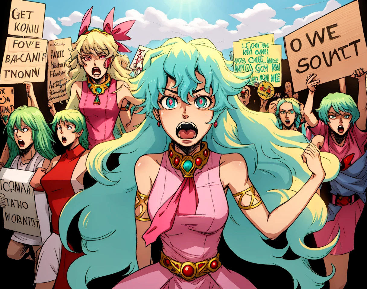 beautiful, aqua eyes, blonde hair, long hair, multicolored hair, nia teppelin, pink dress, two-tone hair, cross-shaped pupils, symbol-shaped pupils, <lora:my_LoRA_niaTeppelin_v1:0.7>, activist, protest sign, demonstration, social justice, angry, screaming, outdoors, fisheye