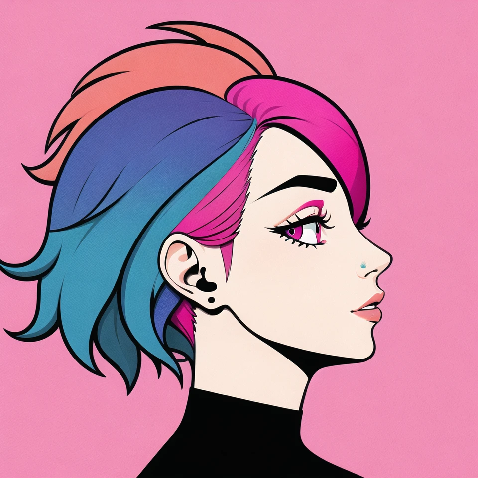 profile, deformed background, (flat color), solo, close-up face, (illustration), many layers, limited tone, isometric, dribbble style illustration, vivid pink hair, clear eyes,