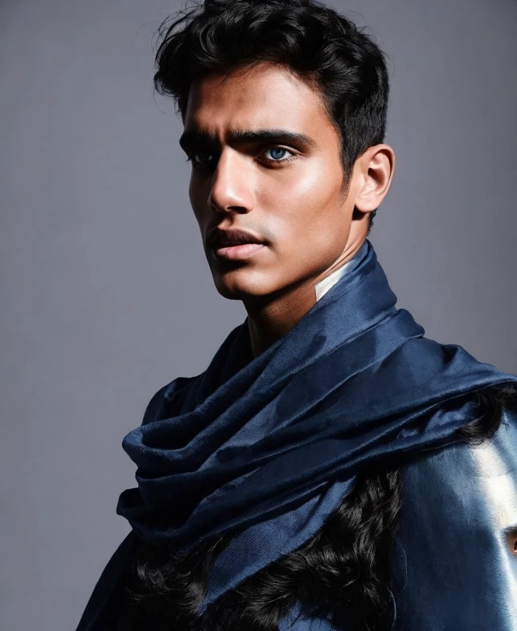 photo of indian man with blue hair, grey eyes, black cape, fantasy background, beautiful, masterpiece, best quality, <lora:hipoly3DModelLora:0.1> <lora:samdoesartsSamYang_offsetRightFilesize:0.8> <lora:PrettyBoy:0.8> sam yang, Pretty Boy