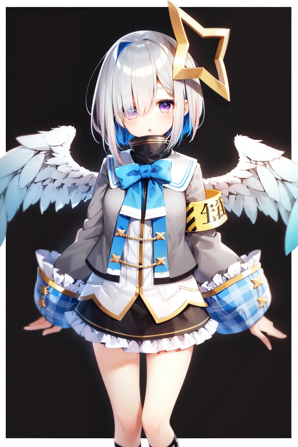 1girl, amane kanata, star halo, solo, halo, angel wings, multicolored hair, asymmetrical hair, single hair intake, purple eyes, armband, short hair, blue hair, grey hair, socks, long sleeves, grey jacket, bob cut, streaked hair, bangs, frills, wide sleeves, white wings, black skirt, hair over one eye, frilled skirt, blue socks, sleeves past wrists, turtleneck dress, miniskirt, blue wings, <lora:amane_kanata_v2:0.6>, standing,